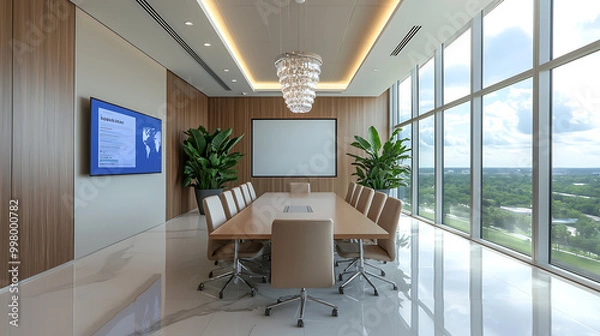 Fototapeta Modern conference room with panoramic city views