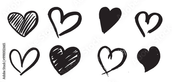 Obraz Set of eight hand drawn heart. Handdrawn rough marker hearts isolated on white background. Vector illustration for your graphic design
