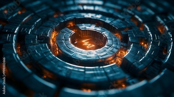 Fototapeta A futuristic circular maze made of metallic walls and digital pathways, with holographic arrows guiding the way, symbolizing the use of technology in decision-making to find clarity. Sci-fi
