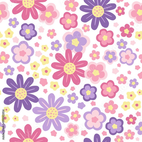 Fototapeta Hand drawn seamless pattern with abstract stylized flowers in pastel colors on a white background