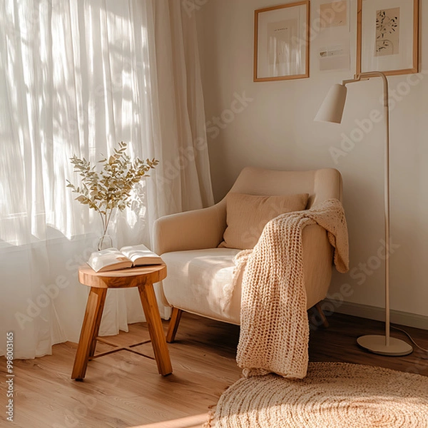 Obraz Cozy reading nook with natural light and minimalist decor