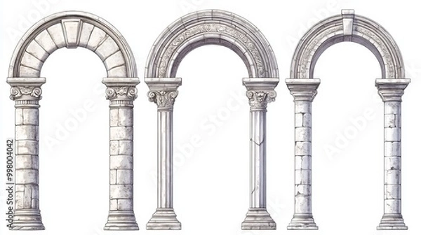 Fototapeta Architectural elements illustration set with various arches and columns in four styles. Features classic stone arches with intricate textures.