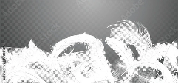 Obraz Vector white feathers collection, set of different falling fluffy twirled feathers, isolated on transparent background. Realistic style, vector 3d illustration