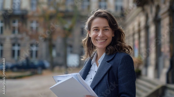 Obraz confident woman smiles while holding documents outside historic building, showcasing professional demeanor. Her relaxed posture and warm expression convey sense of accomplishment and readiness