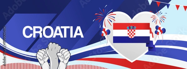 Fototapeta Modern creative banner for Croatia national day in flag colors. Wide poster for holiday celebration, independence day greeting card, web header, sports and music event background. Horizontal concept