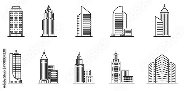 Obraz Line buildings. urban architecture, skyscrapers. hotel, university and bank, city library line art downtown building icons vector set. architecture estate, urban building, bank and skyscraper