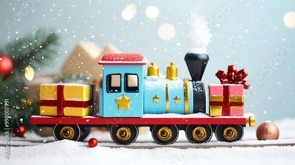 Fototapeta Christmas train loaded with gifts on a white background
