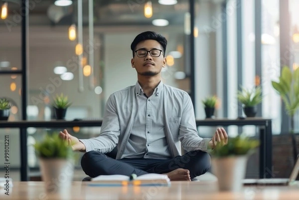 Fototapeta Calm Malay businessman meditating on office desk in middle of busy work day , background blur