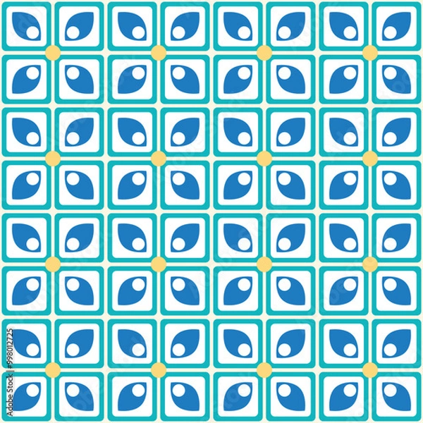 Fototapeta Retro Geometric Tile Pattern with Blue and Yellow Floral Motifs in Vector Format for Digital and Print Projects
