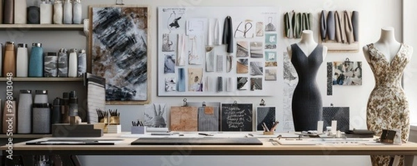 Fototapeta Home office with a luxury fashion designer's studio theme, featuring elegant mannequins, high-end fabric samples, and stylish mood boards Chic and inspiring