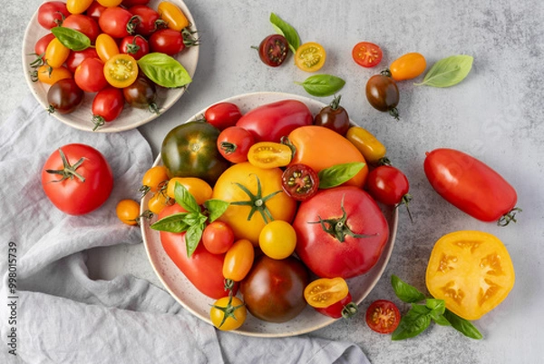 Fototapeta Mixed colorful ripe whole and sliced tomatoes with basil leaves on retro ceramic plate with linen napkin on grey stone table background
