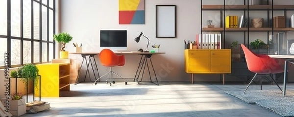 Fototapeta Home office with a minimalist Bauhaus theme, featuring geometric furniture, primary color accents, and functional design elements Artistic and streamlined