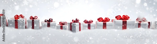 Obraz Large horizontal row of Christmas gifts with red ribbons and spruce trees on snow covered surface, snowfall and abstract background with snowflakes and sparkling lights.