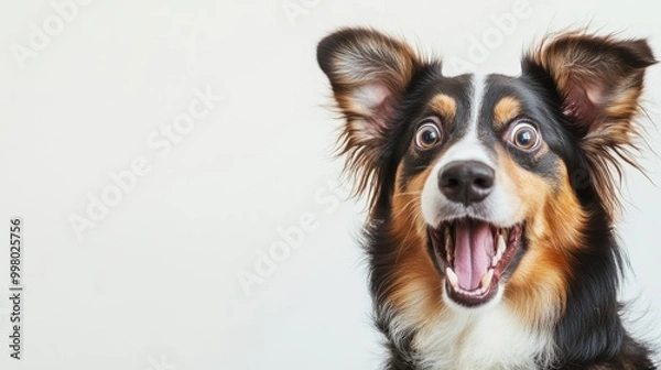 Fototapeta Happy surprised dog with wide eyes and open mouth isolated on light background with space for text