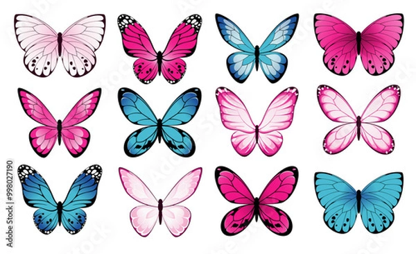 Obraz A set of pink and blue butterflies on a white background. Vector illustration.

