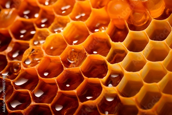 Fototapeta Close up of pure honeycombs, hexagonal structure filled with wild honey, a natural marvel