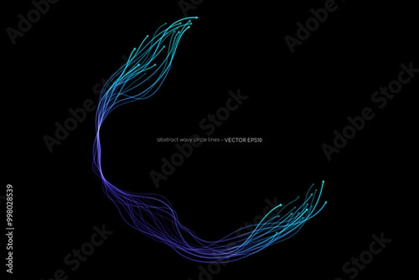 Obraz Abstract vector wavy dynamic blue light lines circle swirl round frame isolated on black background in concept technology, neural network, neurology, science, music.