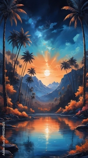 Fototapeta Tropical sunset with palm trees