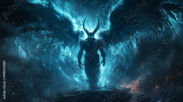 Fototapeta glowing blue-eyed male demon with massive horns and dark wings stands in a stormy sky surrounded by swirling energy and ominous clouds