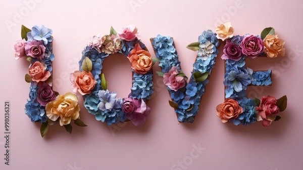 Fototapeta Colorful Flower Art Creation of the Word "LOVE" on Light Pink Background, Minimalist Flat Lay Style