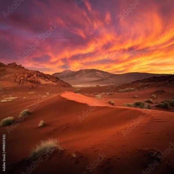 Fototapeta a desert landscape with a mountain in the background,a sunset with mountains and a desert landscape, sand dunes of dessert on mars planet isolated landscape
