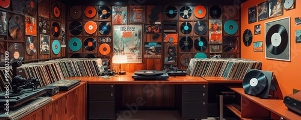 Fototapeta Home office with a vintage record store theme, featuring walls lined with vinyl records, a turntable desk setup, and retro music posters Nostalgic and cool
