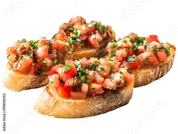 Fototapeta Delicious bruschetta topped with fresh tomatoes and herbs, perfect for appetizers or snacks, on a white isolated background.