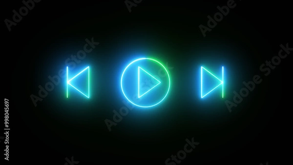Obraz Neon glowing sign play button animation blue color on black background music play button icon animation. neon style press start icon, technology and computer concept, glowing light. 