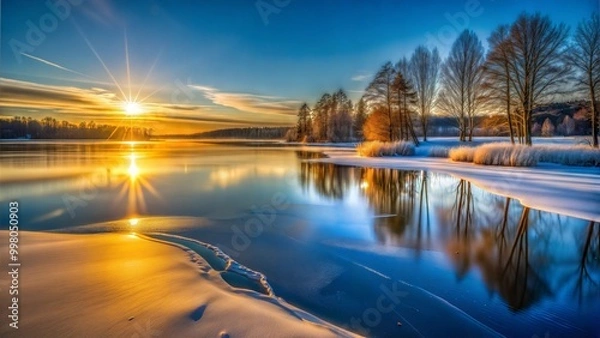 Fototapeta Winter landscape with a frozen river and a beautiful sunset reflection