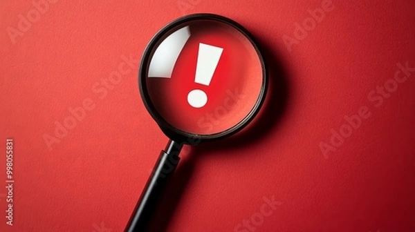 Fototapeta Be aware of potential risks and dangers, as indicated by the magnifying glass highlighting an exclamation mark on a red background.