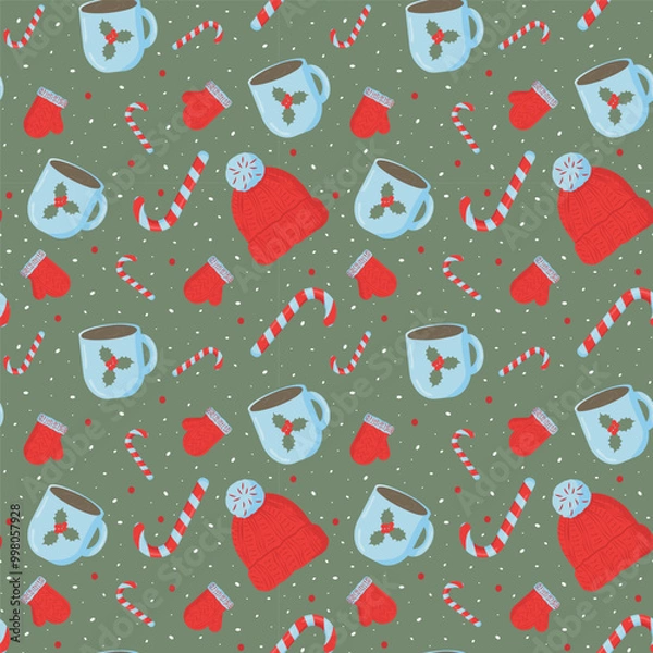 Fototapeta Seamless Christmas pattern with a hat, lollipop, cup of cocoa, mittens, snowflakes on a green background. For wrapping paper, cover, textiles, background, cover, banner.