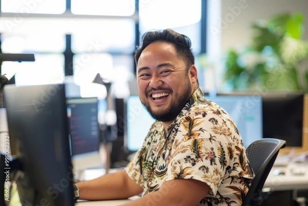 Fototapeta Cheerful Pacific Islander programmer man working with computers in office. , background blur