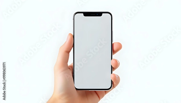 Fototapeta Design of a smartphone held in hand with a transparent mockup screen, no background.