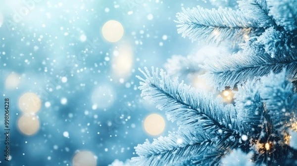 Fototapeta Beautiful holiday-themed abstract light blue background with sparkling lights and frosty patterns, creating a peaceful winter vibe
