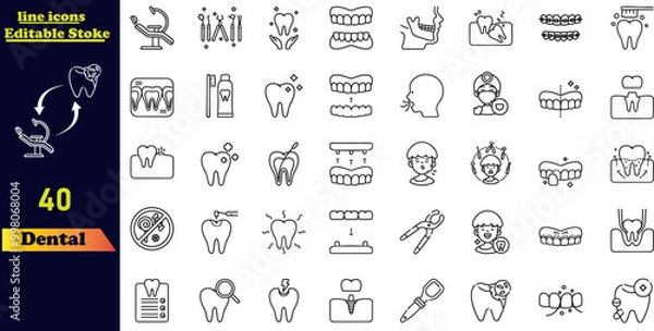 Fototapeta A collection of dental outline icons featuring dentist, dental care, oral disease, teeth whitening, extraction, broken tooth, root canal, fillings, and wisdom teeth. Vector icon set.