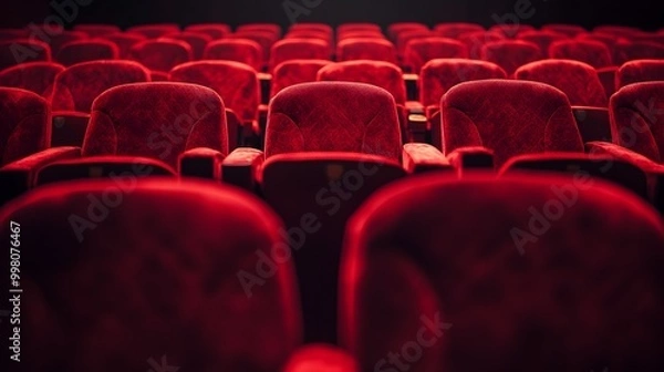 Fototapeta Rows of Plush Red Velvet Seats in a Cinema Auditorium with Soft Lighting