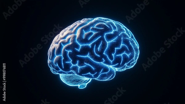 Fototapeta Digital brain with neon blue connections on a black gradient background symbolizing artificial intelligence and innovation 