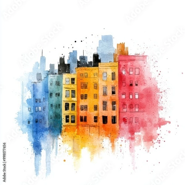 Fototapeta Watercolor painting of colorful abstract buildings blending into the sky, on isolated white background