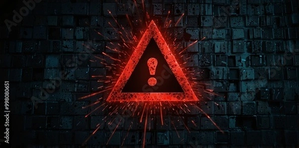 Fototapeta A red exclamation mark on a digital screen background An abstract concept of security and cyber attack is depicted with a red triangle frame icon of a broken or attacked computer network