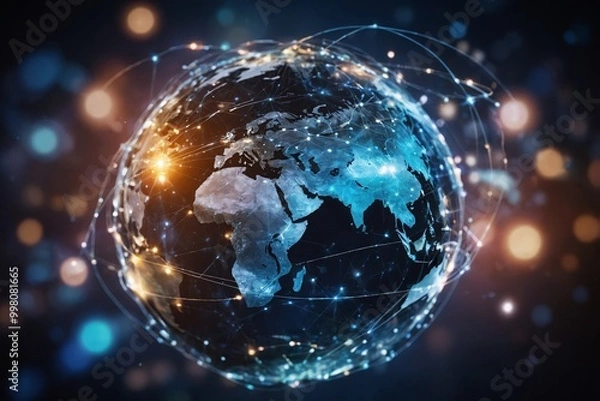 Obraz Abstract digital globe with global network connections and images of media content floating around it, representing the world's interconnectedness in modern communication technology