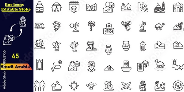 Fototapeta A collection of Saudi Arabia line icons featuring landmarks, towers, currency, oil, camels, people, and buildings. Editable stroke icon set.
