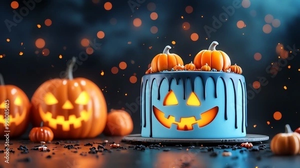 Fototapeta Halloween cake decorating contest in a bakery with glowing pumpkins