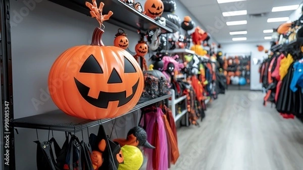 Fototapeta Colorful Halloween decorations and costumes in a vibrant store display, creating a festive atmosphere for the holiday.