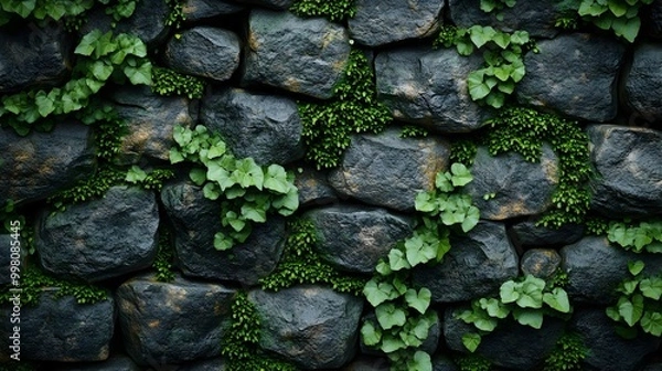 Fototapeta Weathered Stone Wall Covered in Lush Moss and Ivy Growth