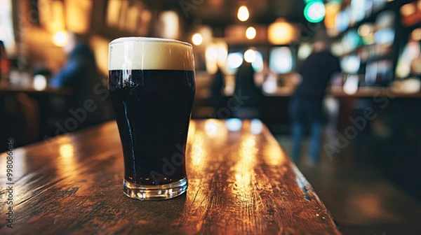 Fototapeta A pint of dark stout beer with a thick, creamy head, placed on an old rustic wooden table inside a traditional Irish pub, surrounded by dim lighting and cozy ambiance, with blurry background