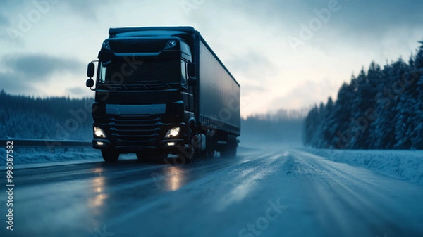 Fototapeta Modern refrigerated truck on an icy road frost forming on the windows with a winter landscape background 