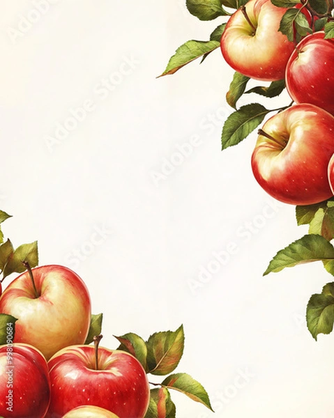 Fototapeta boarder of red juicy apples on a branch on a white background watercolor illustration with copy space for cards / invitations	
