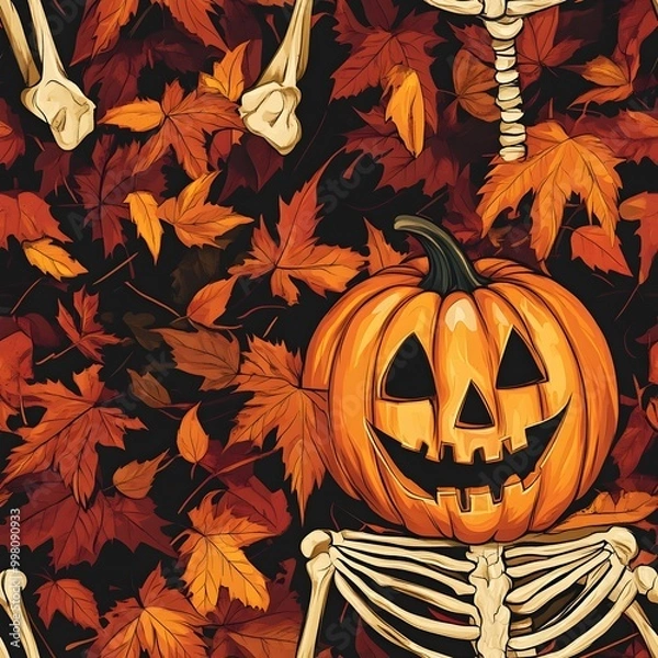 Fototapeta Autumn Pumpkin Skeleton with Vivid Fall Leaves in Spooky Halloween Backdrop