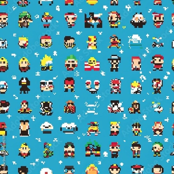 Fototapeta Colorful pixel art characters in a seamless Video Game pattern background. AI generated image
