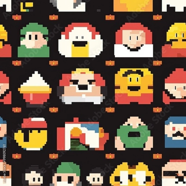 Fototapeta Colorful pixel art characters in a seamless Video Game pattern background. AI generated image